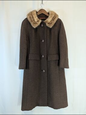 Vintage Sycamore Hahne & Co Brown Wool Coat Mink Collar Union Tag Women's M/L